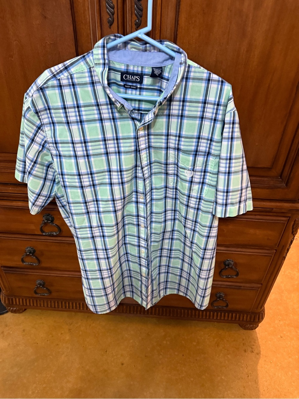 Chaps Light Green and Blue Plaid Short-Sleeve Button-Down Shirt